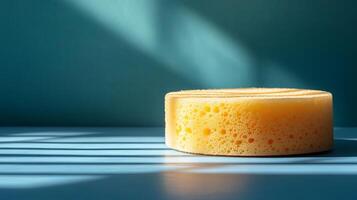 Single Sponge on Cool Blue Surface with Soft Lighting photo