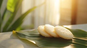 Idli on Banana Leaf in Soft Daylight with Space for Text photo