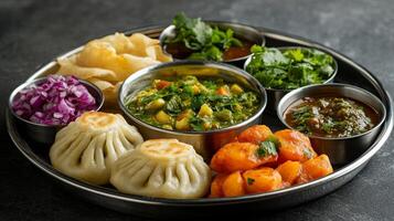 Delicious Thali with Veg Momos and Assorted Dishes in Soft Daylight photo