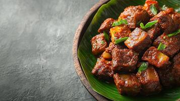 Authentic Rogan Josh Served on Banana Leaf with Spoon on Linen Table photo