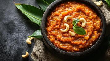 Gajar Halwa Served on Banana Leaf with Nuts on Linen Surface photo