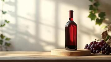 A bottle of red wine sits on a table next to grapes photo