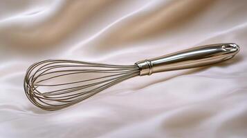 Whisk Resting on Creamy Surface with Soft Lighting photo