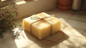 A small square of soap wrapped in twine photo