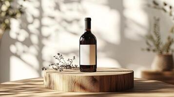Elegant Wine Bottle Displayed on Rustic Wooden Table with Soft Shadows photo