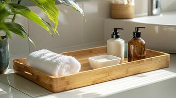 Bamboo Tray with Soap and Lotion on White Tiled Bathroom Surface photo