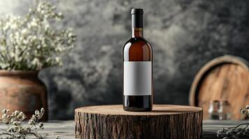 Elegant Wine Bottle Displayed on Rustic Wooden Stump with Soft Lighting photo