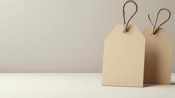 Two brown paper tags hanging from string on a white surface photo