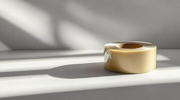 A roll of tape sitting on a table in front of a window photo