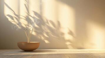 An incense stick in a bowl on a wooden table photo