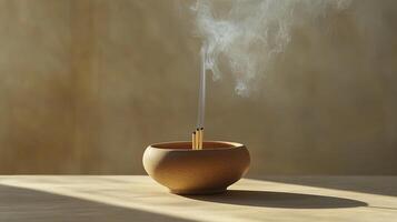 Rustic Wooden Bowl with Incense Stick for Meditation and Relaxation photo