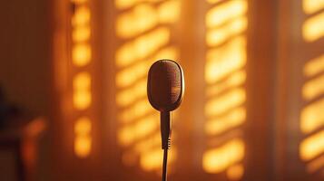 A microphone is sitting on a stand in front of a window photo