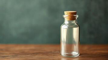 A small glass bottle with cork on top of a wooden table photo