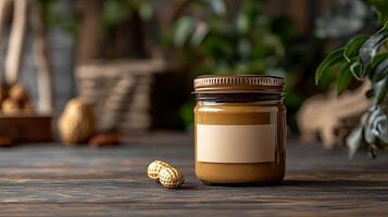 Peanut butter jar mockup on wooden table photo