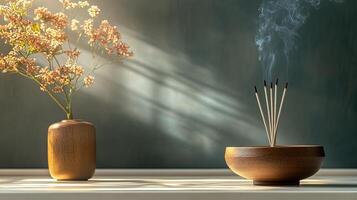 Tranquil Still Life with Flower in Vase and Incense Stick photo