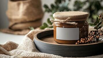 A jar of honey with a label on a wooden plate photo