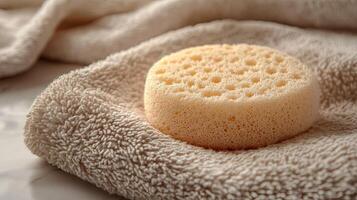 Absorbent sponge on colorful towel on wooden table photo