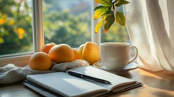 A notebook, pen and a cup of coffee sit on a window sill photo