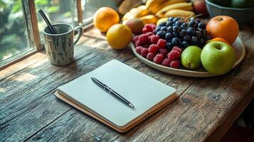 Serene Still Life with Notebook and Fruit Bowl photo