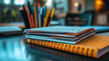 A stack of notebooks and pens on a desk photo