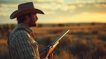 A man in a cowboy hat is holding a gun in a field photo