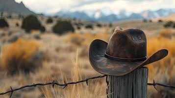 A cowboy hat on a fence post in a field photo