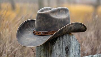 Rustic Hat on Wooden Post in Field photo