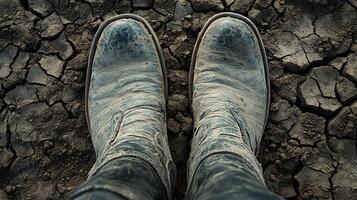 A person wearing blue boots standing in a field photo