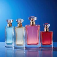 Elegant Collection of Fragrance Bottles on a Blue Background photo
