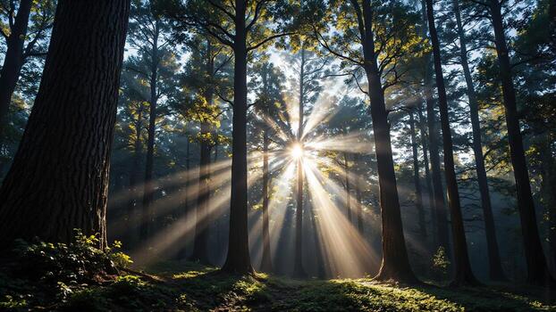 luz de sol rotura mediante arboles en un sereno bosque paisaje foto