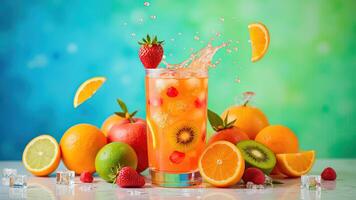 Refreshing Fruit Cocktail with Citrus and Berries Splashing Joyfully photo