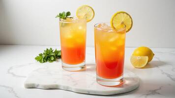 Refreshing Citrus Drink with Lemon and Garnish on Marble Surface photo
