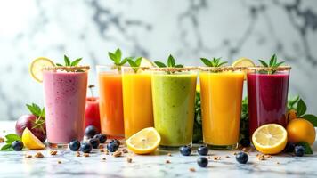 Colorful Healthy Smoothies with Fruits and Herbs on Table photo