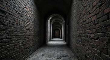 Dark and Mysterious Brick Corridor with Arched Ceilings photo