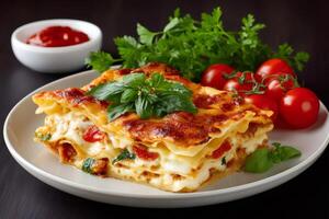 Delicious lasagne bolognese with melted cheese, tomato and basil enjoying a beautiful presentation photo