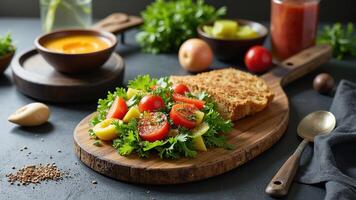 Fresh Vegetable Salad with Bread on Wooden Board in Rustic Setting photo