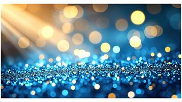 Shimmering Blue and Gold Bokeh Background with Sparkling Lights photo