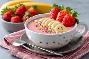 Strawberry banana smoothie bowl with colorful sprinkles and fresh fruit photo