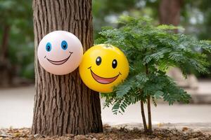 Two balloons with smiley faces leaning against a tree trunk photo
