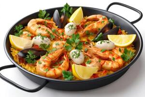 Delicious paella with shrimps, mussels, rice, lemon and parsley in a pan photo