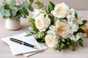 Bouquet of white roses lying on a table with a fountain pen and an envelope, celebrating a special event photo