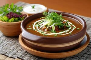 Delicious stew garnished with sour cream and herbs served in rustic bowl photo