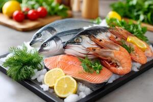 Fresh fish and shrimps lying on ice with lemon and dill photo