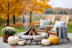 Fire pit burning during a beautiful autumn day with pumpkins and wooden chairs photo