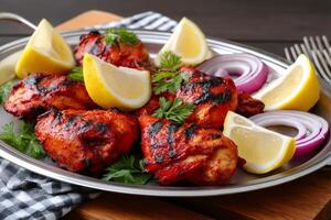 Tandoori chicken garnished with lemon and red onion on platter photo
