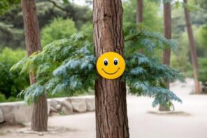 Yellow smiley face hanging on a tree trunk is bringing joy and happiness photo