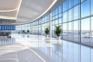 Modern airport terminal with large windows showing airplanes on the runway photo