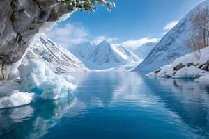 Ice floe floating on a norwegian fjord surrounded by snowy mountains photo