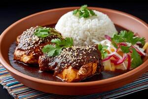 Chicken in mole poblano sauce with rice and salad garnished with sesame seeds and coriander photo