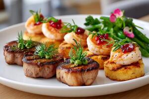 Chef preparing grilled shrimps with polenta and grilled meat with dill and peas photo